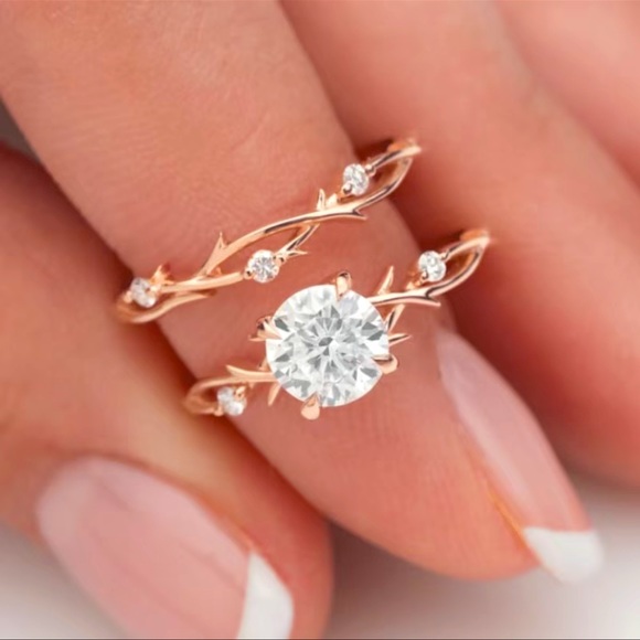 18K Promise Rose Gold Diamond Vine Double Ring - Picture 1 of 9